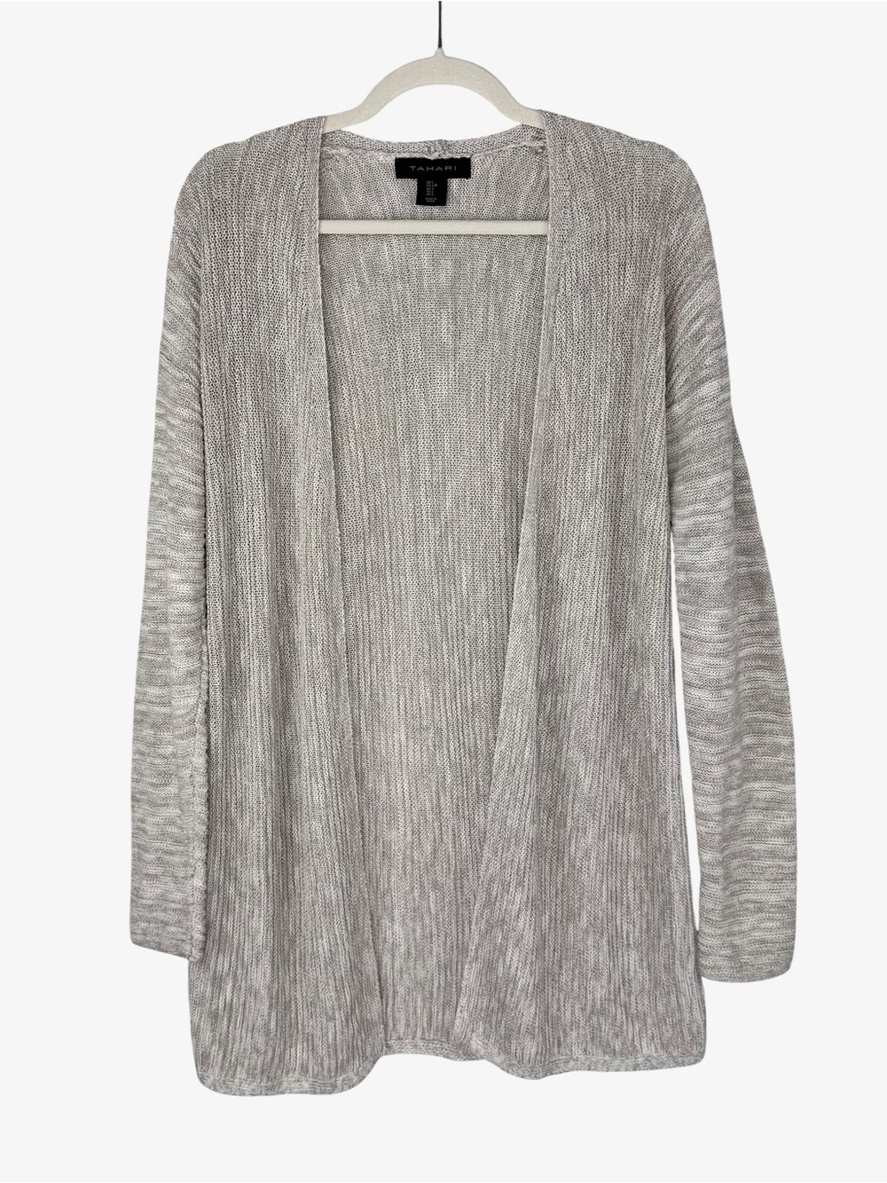 TAHARI Linen & Cotton Blend Cream Tan Open Front Knit Cardigan Sweater Size L